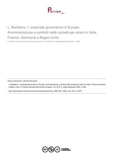 L. Barbdera, // corporate governance in Europa. Amministrazione e controlli nette società per azioni in Italia, Francia, Germania e Regno Unito - note biblio ; n°3 ; vol.52, pg 665-665