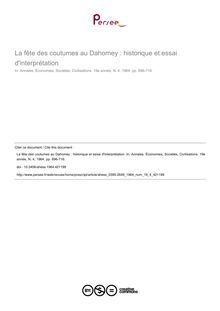 La fête des coutumes au Dahomey : historique et essai d interprétation - article ; n°4 ; vol.19, pg 696-716