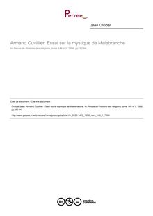 Armand Cuvillier. Essai sur la mystique de Malebranche  ; n°1 ; vol.149, pg 92-94