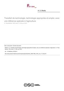 Transfert de technologie, technologie appropriée et emploi, avec une référence spéciale à l agriculture - article ; n°65 ; vol.17, pg 43-61