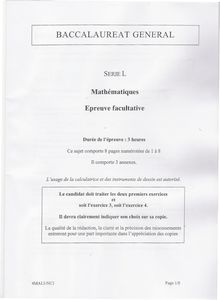 Baccalauréat Général - Série: L -  Epreuve Facultative de Mathématiques 4MALI-NC1