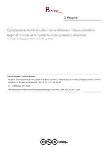 Comparative de l évacuation de la Silice en milieux cristallins tropical humide et tempéré humide (premiers résultats) - article ; n°377 ; vol.70, pg 45-50