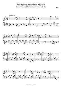 Partition , Menuet 1, violon Sonata, Violin Sonata No.2, D major par Wolfgang Amadeus Mozart