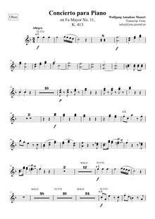 Partition hautbois 1/2, Piano Concerto No.11, F major, Mozart, Wolfgang Amadeus