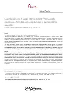 Les médicaments à usage interne dans la Pharmacopée montoise de 1755 (Operationes chimicæ et Compositiones galenicæ) - article ; n°321 ; vol.87, pg 7-22