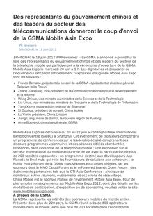 Des représentants du gouvernement chinois et des leaders du secteur des télécommunications donneront le coup d envoi de la GSMA Mobile Asia Expo