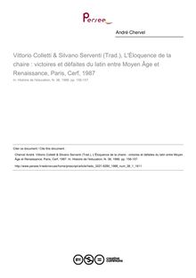 Vittorio Colletti & Silvano Serventi (Trad.), L Éloquence de la chaire : victoires et défaites du latin entre Moyen Âge et Renaissance, Paris, Cerf, 1987  ; n°1 ; vol.38, pg 156-157