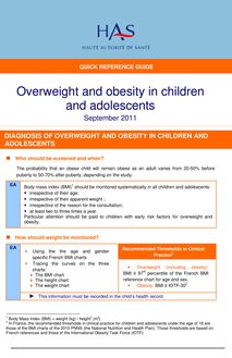 Surpoids et obésité de l enfant et de l adolescent (actualisation des recommandations 2003) - Overweight and obesity in children and adolescents - Quick reference guide