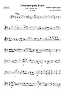 Partition violons I, Piano Concerto No.12, A major, Mozart, Wolfgang Amadeus