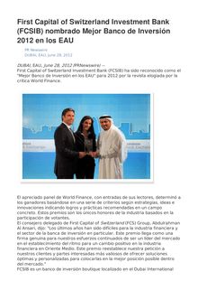 First Capital of Switzerland Investment Bank (FCSIB) nombrado Mejor Banco de Inversión 2012 en los EAU