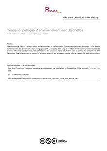Tourisme, politique et environnement aux Seychelles - article ; n°178 ; vol.45, pg 319-339