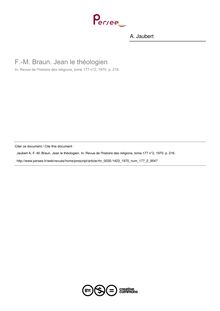 F.-M. Braun. Jean le théologien  ; n°2 ; vol.177, pg 216-216