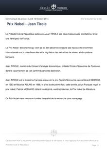 Prix Nobel - Jean Tirole : communiqué de l Elysée