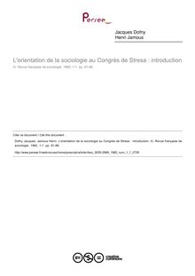 L orientation de la sociologie au Congrès de Stresa : introduction - article ; n°1 ; vol.1, pg 81-88