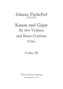 Partition violon 3, Canon et Gigue, Kanon und Gigue für drei Violinen und Basso Continuo par Johann Pachelbel