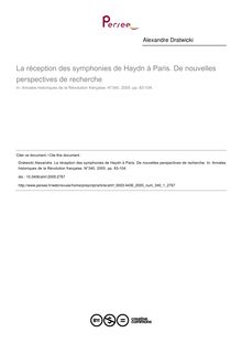 La réception des symphonies de Haydn à Paris. De nouvelles perspectives de recherche - article ; n°1 ; vol.340, pg 83-104