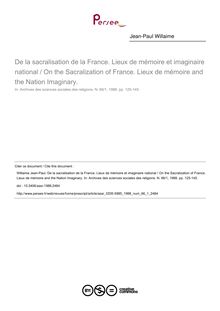 De la sacralisation de la France. Lieux de mémoire et imaginaire national / On the Sacralization of France. Lieux de mémoire and the Nation Imaginary. - article ; n°1 ; vol.66, pg 125-145