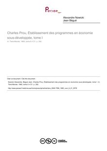 Charles Prou, Établissement des programmes en économie sous-développée, tome I  ; n°21 ; vol.6, pg 292-292