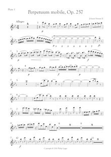 Partition Complete partsFlute 1 (3 pages), flûte 2/Piccolo (2), hautbois 1 (2), hautbois 2 (2)clarinette 1 en E♭ (3) et B♭ (3), clarinette 2 en B ♭ (3)basson 1, 2 (2 pp. chaque), cornes 1, 2, 3, 4 (2 chaque), trompettes 1, 2 en B♭ (2 chaque)ténor Trombone (1), timbales (1), Percussion (1), harpe (1) violons I & II (3 pp. chaque), altos (3), violoncelles (3), Basses (3), Perpetuum Mobile, Op.257