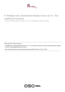 P. Wahlgren (éd.), Scandinavian Studies in Law, vol. 41 : Tort Liability and Insurance - note biblio ; n°3 ; vol.54, pg 907-908