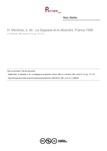 H. Mendras, s. dir., La Sagesse et le désordre. France 1980  ; n°4 ; vol.21, pg 117-119