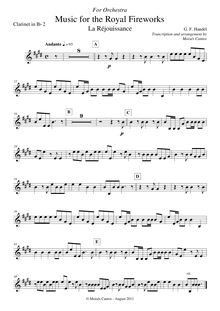 Partition clarinette 2 (B♭), Music pour pour Royal Fireworks, Fireworks Music par George Frideric Handel