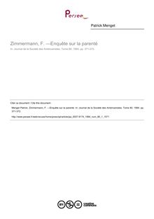 Zimmermann, F. —Enquête sur la parenté  ; n°1 ; vol.80, pg 371-372