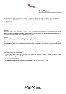 Genre et géographie : les apports des géographies de langue anglaise - article ; n°3 ; vol.20, pg 257-264