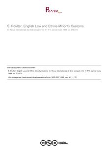 S. Poulter, English Law and Ethnie Minority Customs - note biblio ; n°1 ; vol.41, pg 272-273