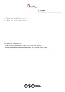 « Syndrome de Salomon ». - article ; n°3 ; vol.21, pg 283-301