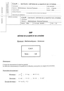 Mathématiques - Sciences 2002 CAP Petite Enfance