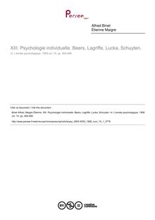 Psychologie individuelle. Beers, Lagriffe, Lucka, Schuyten. - compte-rendu ; n°1 ; vol.15, pg 464-466