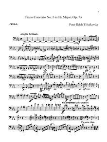 Partition violoncelles, Piano Concerto No.3, E♭ major, Tchaikovsky, Pyotr