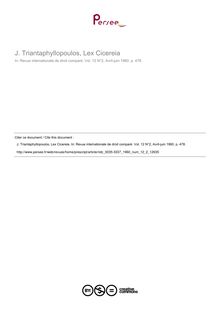J. Triantaphyllopoulos, Lex Cicereia - note biblio ; n°2 ; vol.12, pg 478-478