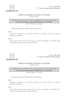 Comportements, attitudes et forces politiques en France et en Europe 2004 Formation Initiale et Continue IEP Paris - Sciences Po Paris