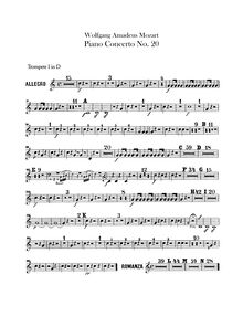 Partition trompette 1, 2 (en D), Piano Concerto No.20, D minor, Mozart, Wolfgang Amadeus