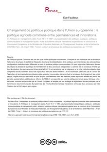 Changement de politique publique dans l Union européenne : la politique agricole commune entre permanences et innovations - article ; n°1 ; vol.15, pg 117-137