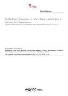 Danièle Duport, Le Jardin et la nature. Ordre et variété dans la littérature de la Renaissance.  ; n°1 ; vol.56, pg 129-132