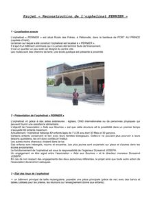 Résumé du projet « reconstruction » de l Orphelinat PERNIER