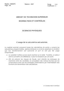 Sciences physiques et chimiques 2007 BTS Bioanalyses et contrôles