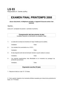 Espagnol pratique et examen international 2008 Université de Technologie de Belfort Montbéliard
