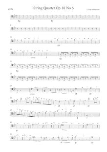 Partition viole de gambe, corde quatuor No.6, Op.18/6, B♭ major