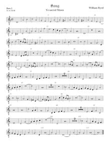Partition viole de basse 1, octave aigu clef, Ye sacré Muses, Byrd, William