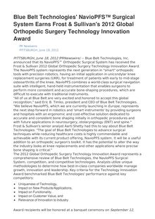 Blue Belt Technologies  NavioPFS™ Surgical System Earns Frost & Sullivan s 2012 Global Orthopedic Surgery Technology Innovation Award