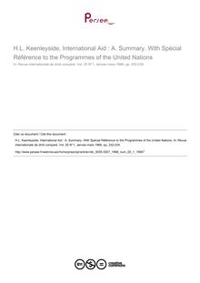 H.L. Keenleyside, International Aid : A. Summary. With Spécial Référence to the Programmes of the United Nations - note biblio ; n°1 ; vol.20, pg 232-234