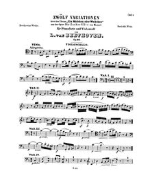 Partition de violoncelle, 12 Variations on  Ein Mädchen oder Weibchen  from pour opéra  Die Zauberflöte  by Mozart pour violoncelle et Piano Op.66 par Ludwig van Beethoven
