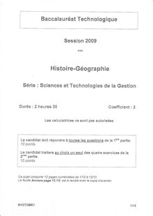 Histoire - Géographie 2009 S.T.G (Communication et Gestion des Ressources Humaines) Baccalauréat technologique