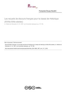 Les recueils de discours français pour la classe de rhétorique (XVIIIe-XIXe siècles) - article ; n°1 ; vol.74, pg 151-185