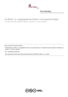 Au Brésil : la « géographie de la faim » de Josué de Castro - article ; n°4 ; vol.3, pg 495-500
