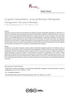 La gestion métropolitaine : le cas de Montréal / Metropolitan management : the case of Montreal - article ; n°2 ; vol.73, pg 111-120